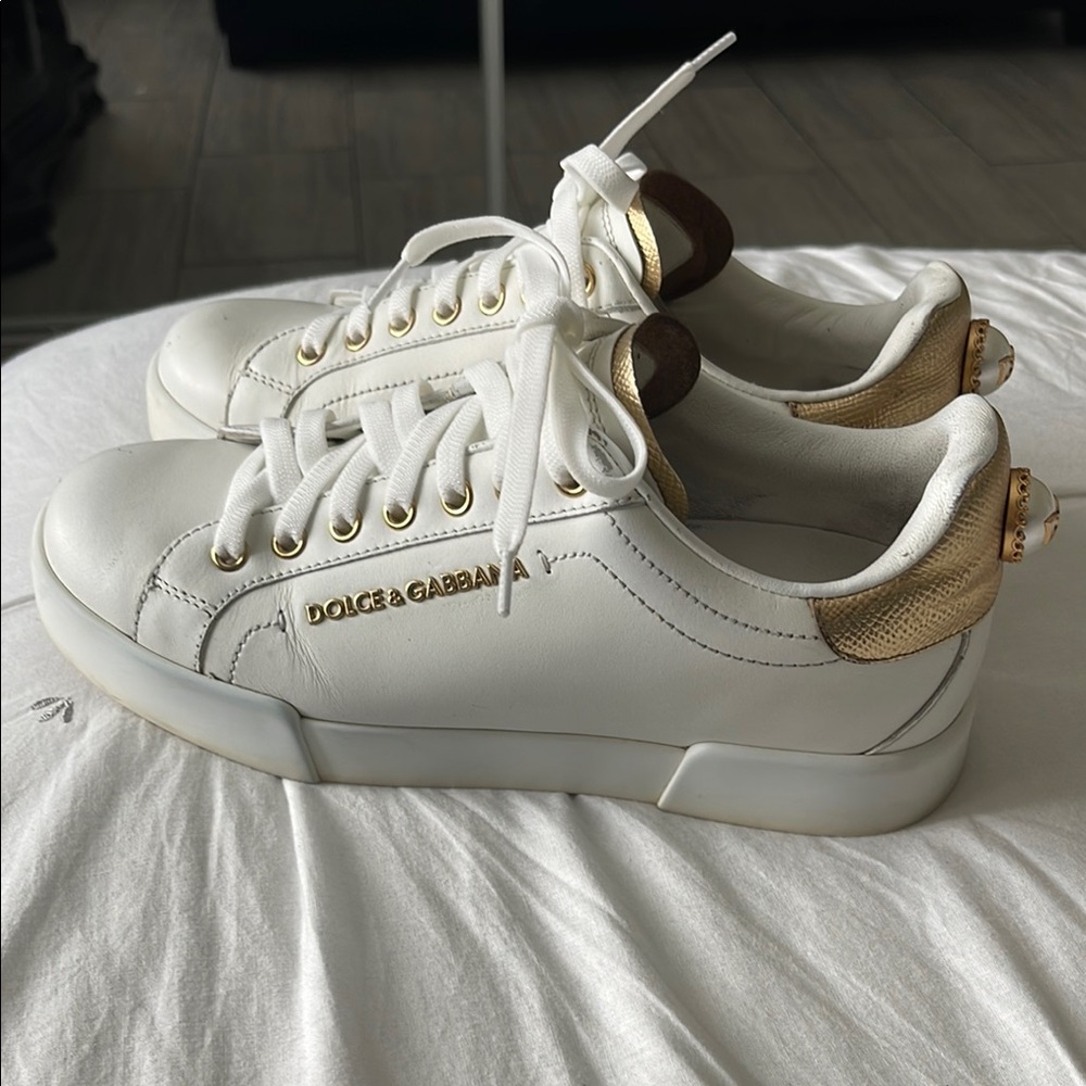 Dolce & Gabbana Gold and White Sneakers